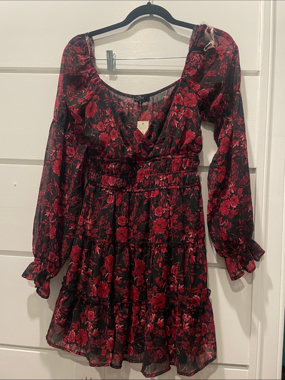 Francesca's Collections Black and Red Floral Long-Sleeve Mini Dress
